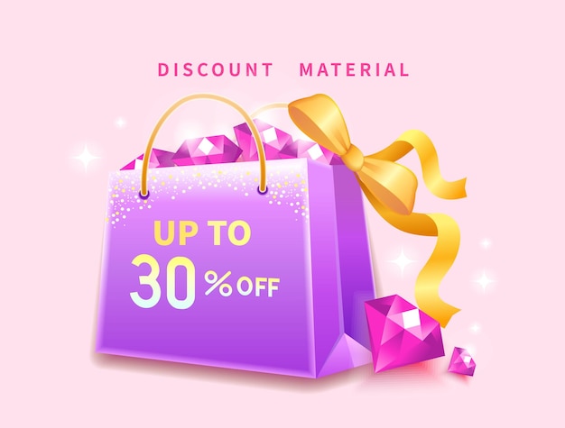 Online store sale banner shopping discount 30 shopping bags colorful balloons and rubies