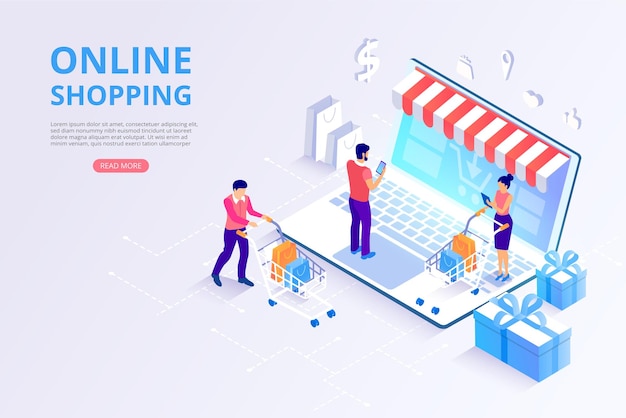 Online store shopping online payment homepage template with 3d laptop goods and customers