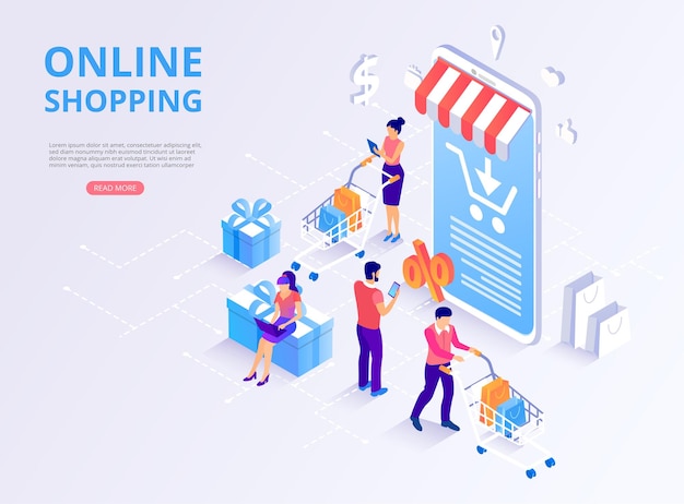 Online store shopping online payment homepage template with smartphone goods and customers