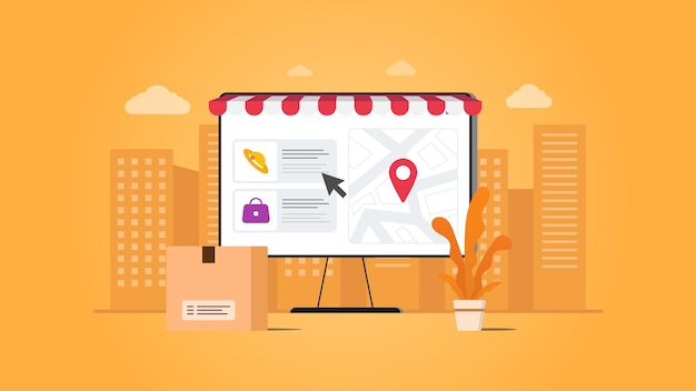 Vector online store showing product and location vector illustration with city orange background