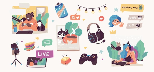 Online streaming concept illustraties Bloggers pro gamers artiesten en influencers live streaming