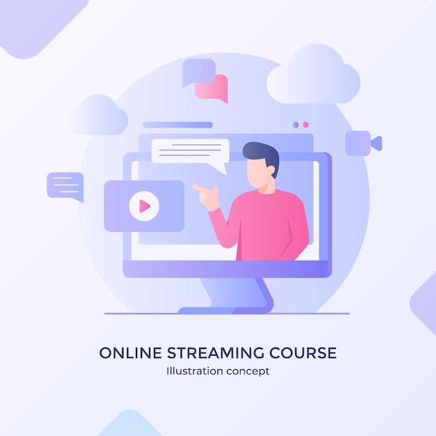 Online streaming course video training application multimedia player modern flat cartoon style design.
