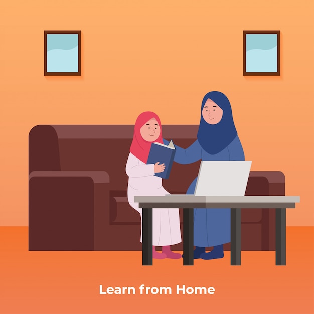 Обучение онлайн дома Арабская маленькая девочка учится с мамой