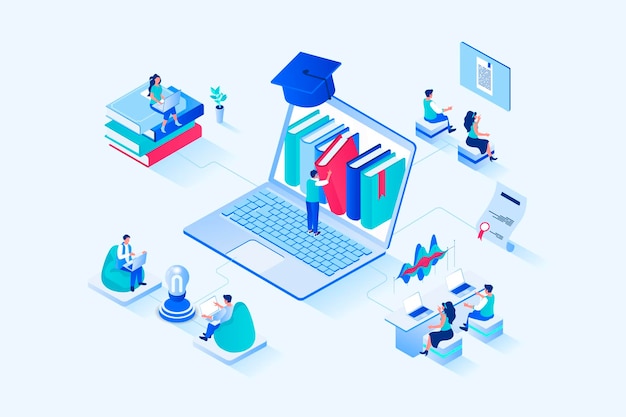 Online studying 3d isometric web design Vector web illustration