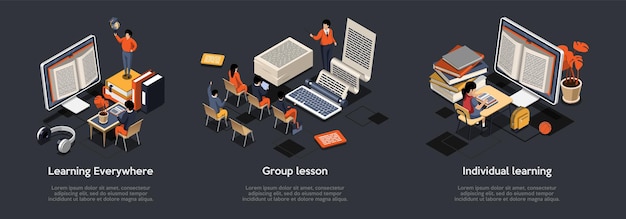 Online Studying From Anywhere Group And Individual Distance Online ELearning Self Education Students At Desks Listening To Teacher Taking Remote Courses Isometric 3d Vector Illustrations Set