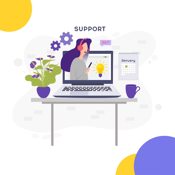 Vector online support conceptonline global technical support 24 7 vector illustration idea of advice help assistance