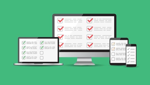Online survey checklist set tablet computer mobile blank screen feedback business concept flat vector illustration for web site mobile app