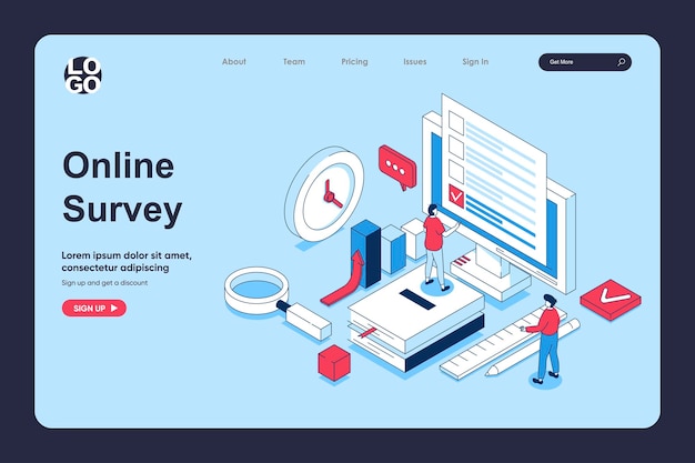 Concetto di sondaggio online nel design isometrico 3d per il modello della pagina di destinazione persone che danno feedback e archiviano il modulo digitale con le risposte contrassegnate nel questionario sul computer illustrazione vettoriale per il web