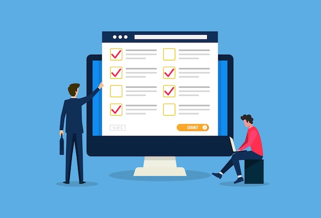 online survey concept design for web or app businessmen fill online form computer flat vector