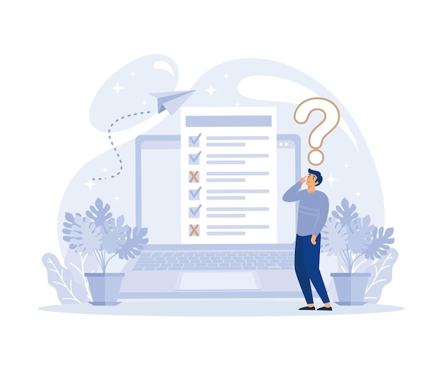 Online survey concept man thinking and fills out form of questionnaire marking correct and incorrect answers flat vector modern illustration