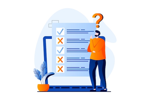 Vector online survey concept with people scene in flat cartoon design man thinking and fills out form of questionnaire marking correct and incorrect answers vector illustration visual story for web