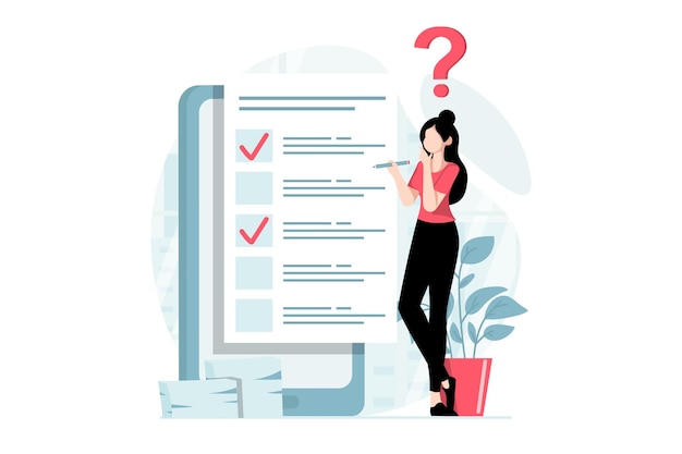 Online survey concept with people scene in flat design Woman thinking and choosing answers for questions in digital questionnaire using app Vector illustration with character situation for web