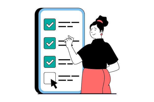 플랫 웹 디자인의 사람들 장면을 사용한 온라인 설문 조사 개념 모바일 앱 화면에서 체크리스트를 작성하고 설문지에 응답하는 여성 소셜 미디어 배너 마케팅 자료에 대한 벡터 그림