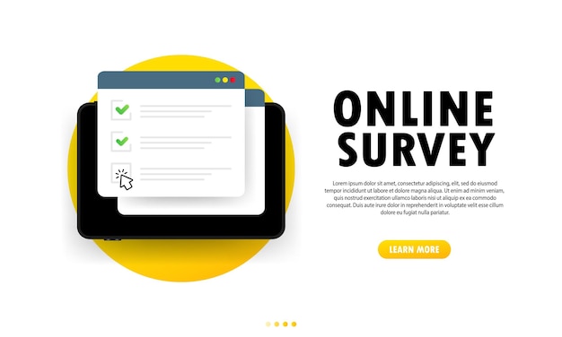 Vector online survey illustration. check list online form on tablet. report on website or web internet survey. browser window with check marks. vector on isolated white background. eps 10.