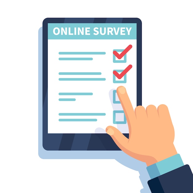 Vector online survey. internet surveying, hands holding tablet with test form. mobile questionnaire, customers voting