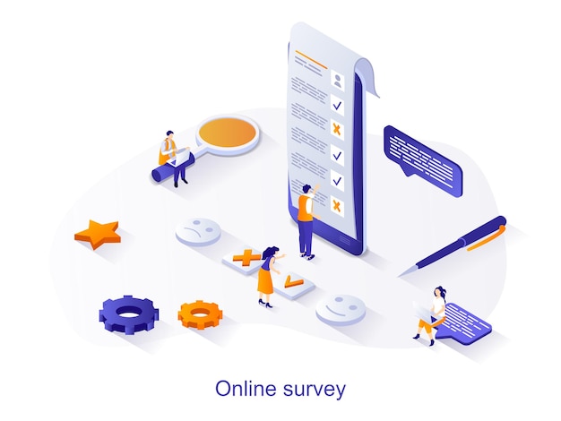 Online survey isometric web concept People tick answers in opinion questionnaire Online voting