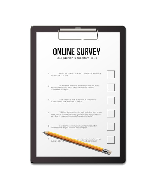 online survey realistic template, empty paper sheet with pencil.