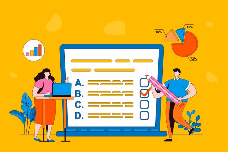 Vector online survey web concept in flat 2d design woman and man filling online survey form questionnaire