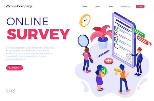 Vector online survey with isometric characters. feedback online chat. questionnaire form from phone. survey research. landing page template. isometric