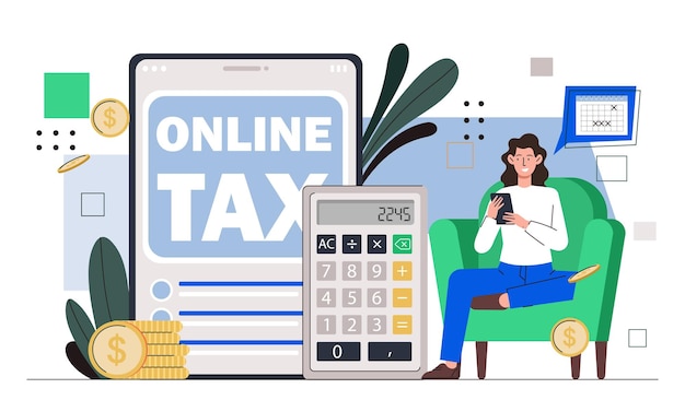 Online tax concept woman with calculator near notepad with golden coins fiynancial literacy