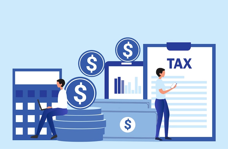 Vector online tax filing concept businessman filling tax form documents online