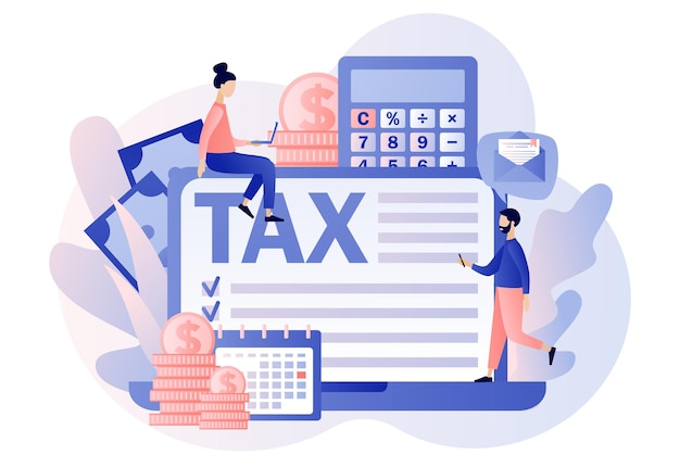 Online tax payment business concept tiny people filling tax form and pay bills on computer website