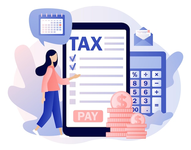 Vector online tax payment business concept tiny woman filling tax form and pay bills on smartphone