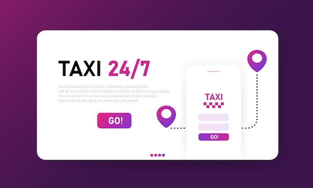 Pagina di destinazione del taxi 24 7 online. app mobile per il servizio di trasporto urbano. progettazione di banner, layout web dell'interfaccia utente. illustrazione piatta. modello di pagina di destinazione.