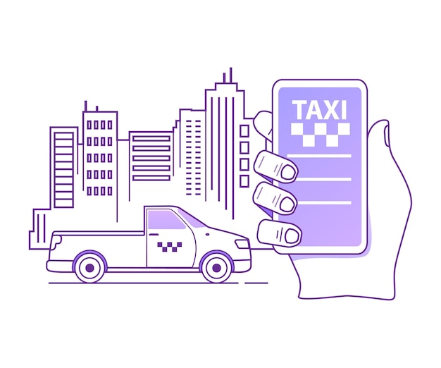 Concetto di applicazione mobile per l'ordine di un taxi online mano che tiene l'app per smartphone