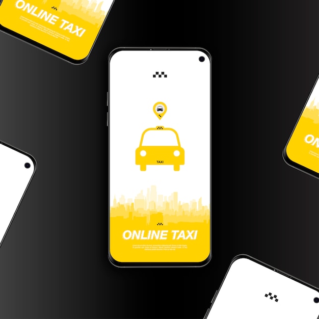 Онлайн такси мобильное приложение с иконка автомобиля в смартфоне.