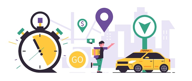 Online taxi ordering service City taxi service A man with a suitcase runs to the yellow cab against the background of the city Urban map stopwatch gps Flat vector illustration
