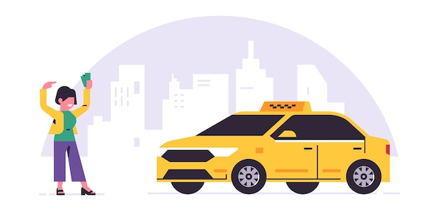 Online taxi ordering service a driver in a yellow taxi a passenger transportation of people girl with money city cab vector illustration isolated on background