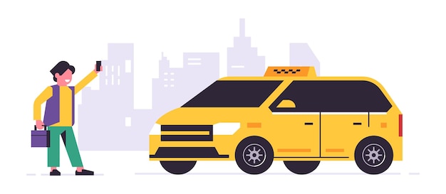 Servizio di ordinazione taxi online un autista in un taxi giallo un trasporto passeggeri di persone un uomo con una valigetta taxi cittadino illustrazione vettoriale isolato su sfondo