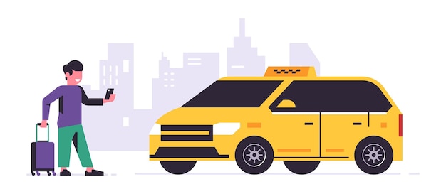 Servizio di ordinazione taxi online un autista in un taxi giallo un trasporto passeggeri di persone uomo con una cabina di città valigia illustrazione vettoriale isolato su sfondo