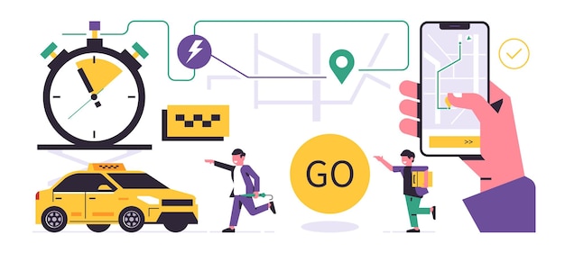 オンラインタクシー注文サービスディスプレイにタクシーを注文するための地図が付いた電話を持っている手アーバンキャブサービス黄色い車に向かって走っている乗客ストリートマップストップウォッチフラットイラスト
