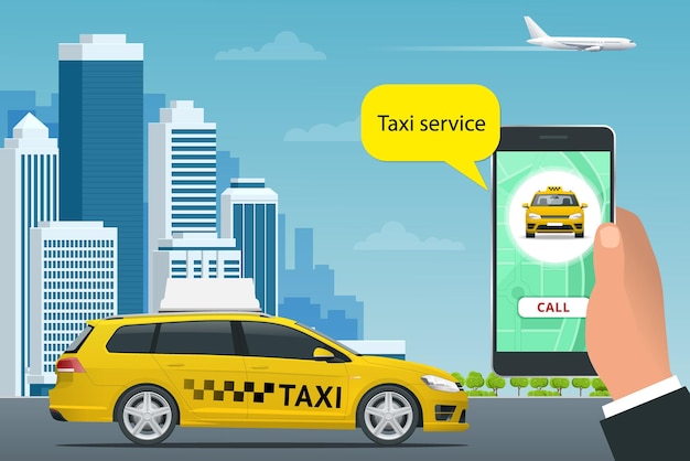 온라인 택시 서비스 개념입니다. 남자는 그의 휴대 전화에서 택시를 주문합니다. 화면에 택시 서비스 응용 프로그램입니다. 벡터 명함 템플릿입니다. 비즈니스, Infographic, 배너에 대 한 평면 벡터 일러스트 레이 션