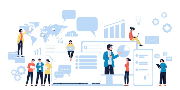 온라인 팀 작업 및 커뮤니케이션: 가상 연결 참여 글로벌 비즈니스 네트워크 및 스마트 혁신 웹 오피스 온라인 팀 작업의 최근 터 장면 일러스트레이션