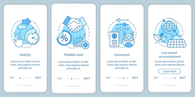 온라인 기술은 선형 개념으로 모바일 앱 페이지 화면을 온보딩하는 데 도움이 됩니다. 관리 도구의 장점은 단계별 그래픽 지침입니다. 삽화가 있는 UX, UI, GUI 벡터 템플릿