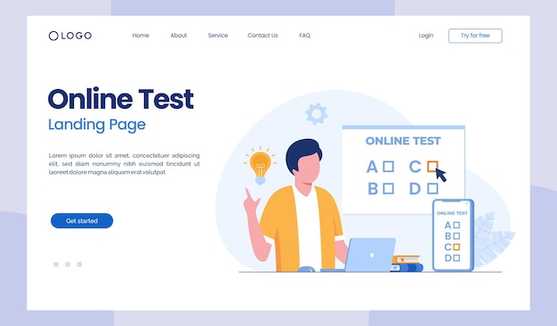 オンラインテストと回答の確認試験テストクイズフィードバック調査フラットベクトルイラストランディングページ