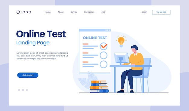 ベクトル オンラインテストと回答の確認試験テストクイズフィードバック調査フラットベクトルイラストランディングページ