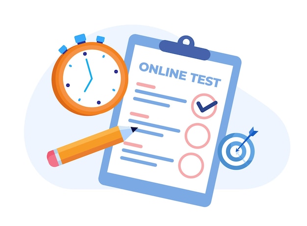 온라인 테스트 및 확인 답변 시험 테스트 퀴즈 학생 테스트 직원 설문지 플랫 벡터 일러스트 배너