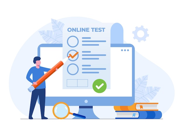 Vettore test online e controllo delle risposte esame test quiz studente test dipendente questionario piatto illustrazione vettoriale banner