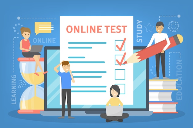 Vettore concetto di test online. quiz sul computer