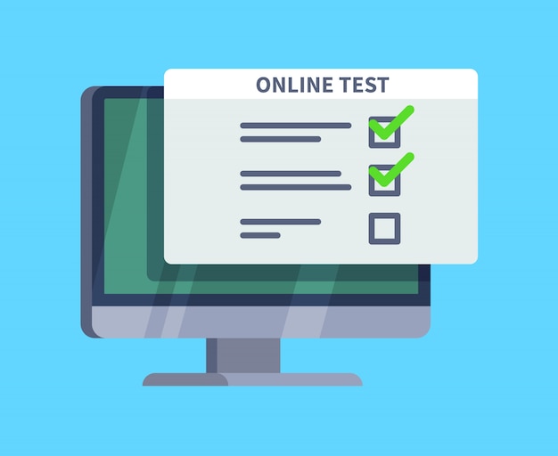 Online test. vragenlijst enquêteformulier op pc-scherm. examenlijst, computer testen en online quiz concept