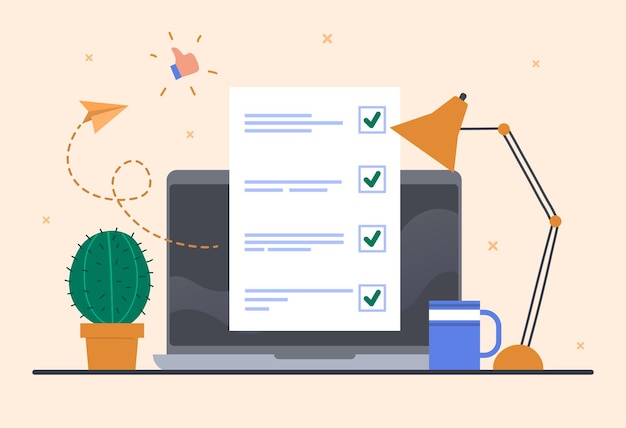 Vector online test with checklist on document concept of workplace with laptop lamp document with test
