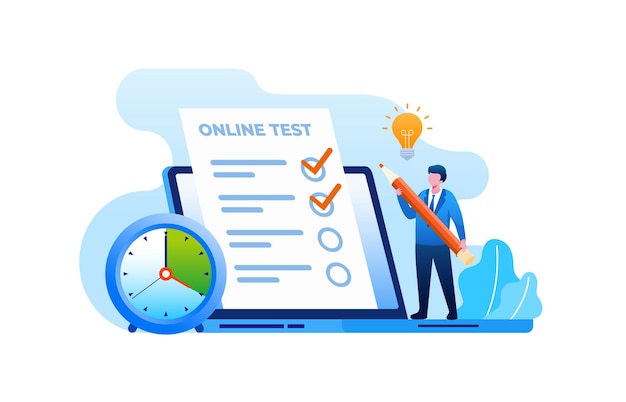 Online test with laptop flat vector illustration for banner and landing page