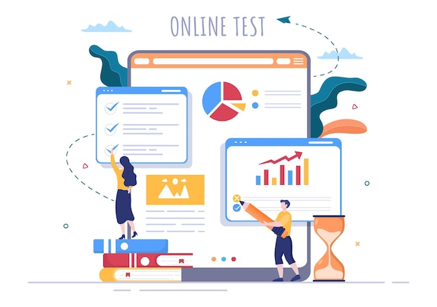 Online testing background vector illustration with checklist, taking exam, choosing answer, form, e-learning and education concept