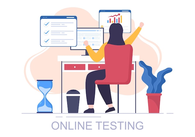 Online testing background vector illustration with checklist, taking exam, choosing answer, form, e-learning and education concept