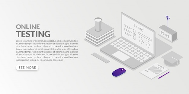 Online testing concept in isometric style, examination from home by internet learning course