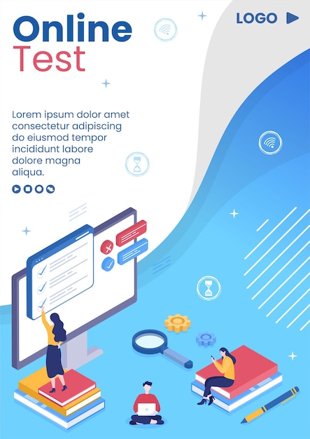 Vector online testing course flyer template flat design illustration editable of square background for social media, e-learning and education concept